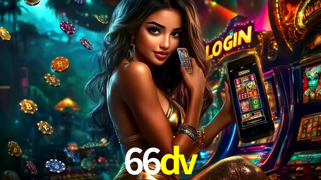 Mulher em um cenário de cassino temático de aventura, mostrando o app de caça-níqueis da 66dv no celular. Fichas de apostas flutuam ao redor.