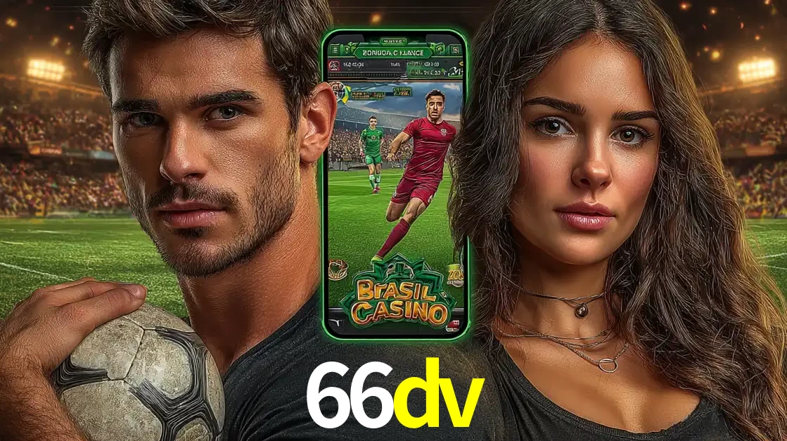 Homem segurando uma bola de futebol e uma mulher ao lado de um smartphone exibindo o jogo de apostas esportivas da 66dv. Faça seu palpite no cassino online.